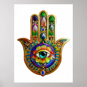 Colourful Flower Petals Turquoise Third Eye Hamsa Poster
