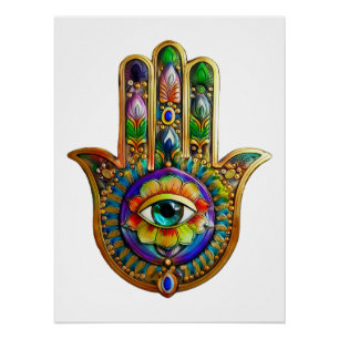 Colourful Flower Petals Turquoise Third Eye Hamsa Poster