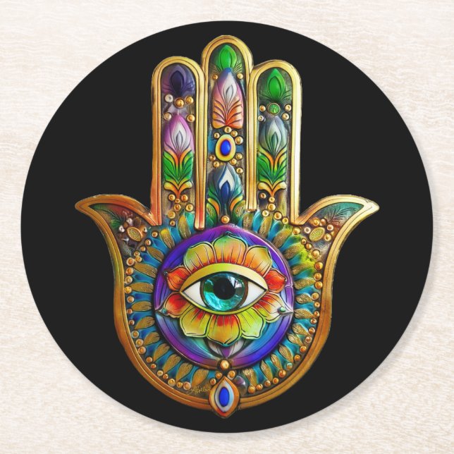 Colourful Flower Petals Turquoise Third Eye Hamsa Round Paper Coaster (Front)