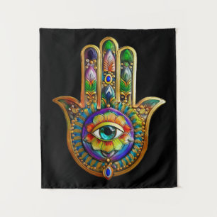 Colourful Flower Petals Turquoise Third Eye Hamsa Tapestry