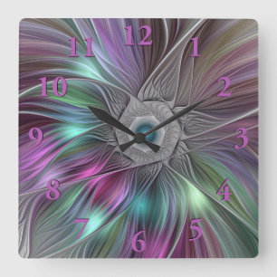 Colourful Flower Power Abstract Modern Fractal Art Square Wall Clock