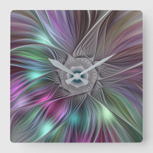 Colourful Flower Power Abstract Modern Fractal Art Square Wall Clock