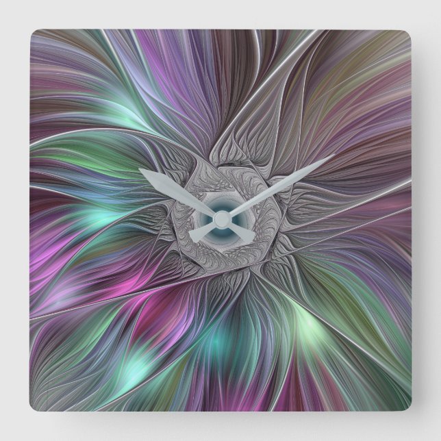 Colourful Flower Power Abstract Modern Fractal Art Square Wall Clock (Front)