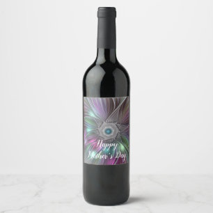 Colourful Flower Power Abstract Modern Fractal Art Wine Label