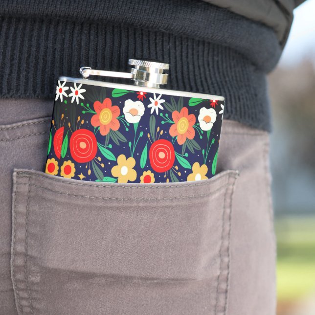 Colourful Flower Power hip flask (In Situ)