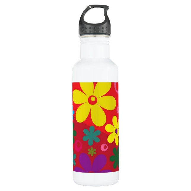 Colourful Flower Power on Red Pattern 710 Ml Water Bottle (Front)