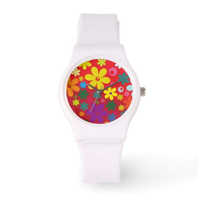 Colourful Flower Power Red Watch (Front)