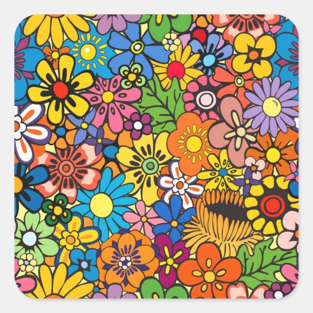Colourful flower power square sticker (Front)
