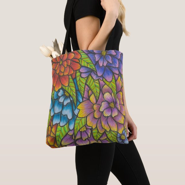 Colourful Flower Print Tote Or Cross Body Bag  (Close Up)