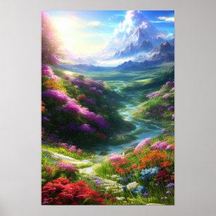 Colourful Flower Valley with Lazy Stream Poster