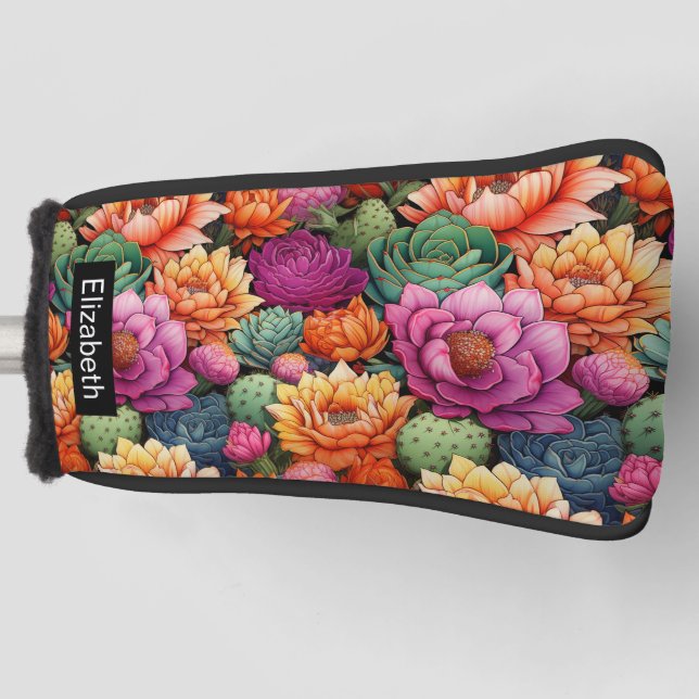 Colourful Flowering Cactus Personalised Golf Head Cover (Front)
