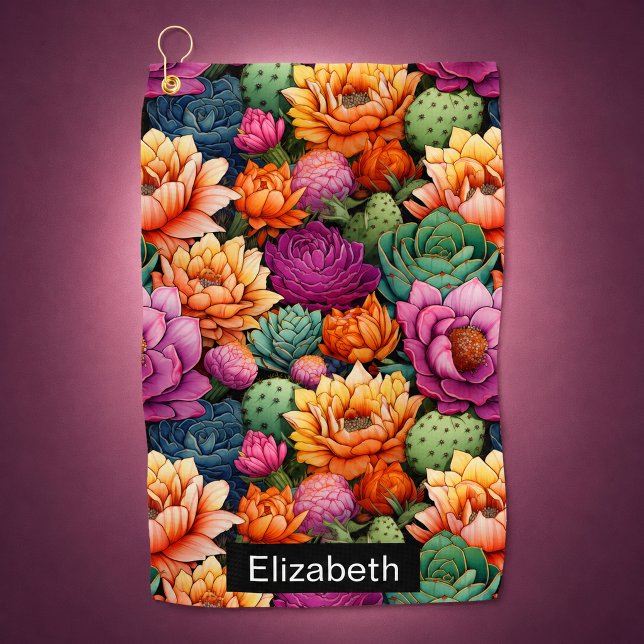 Colourful Flowering Cactus Personalised Golf Towel (Colorful Flowering Cactus Personalized Golf Towel For Women)