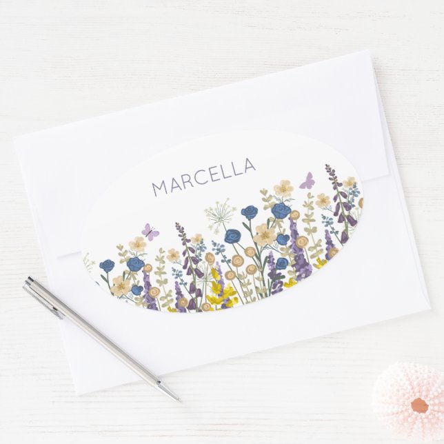 Colourful  Flowers and Butterflies Custom Name Oval Sticker (Envelope)