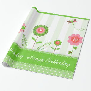 Colourful Flowers And Butterflies- Happy Birthday Wrapping Paper