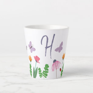 Colourful Flowers and Butterflies Monogram H Latte Mug