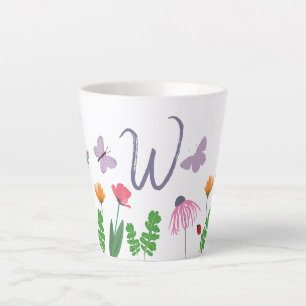 Colourful  Flowers and Butterflies Monogram W Latte Mug