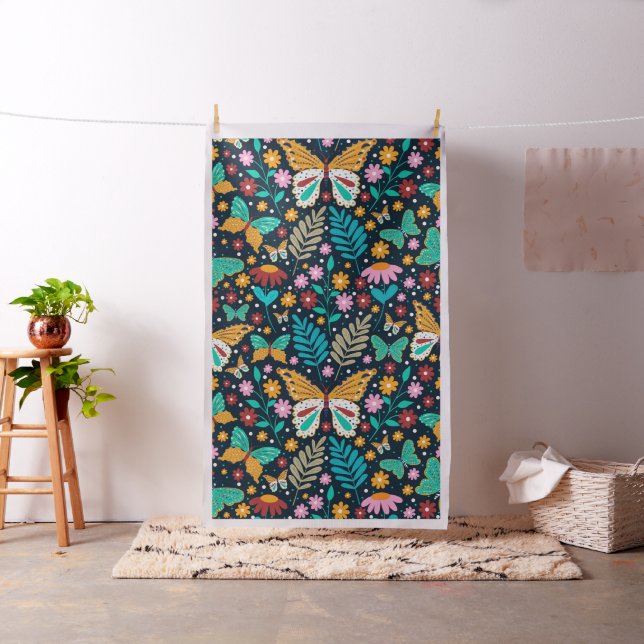 Colourful flowers and butterflies seamless pattern fabric (In Situ)