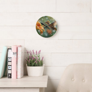 Colourful Flowers and Elegant Hummingbirds Round Clock