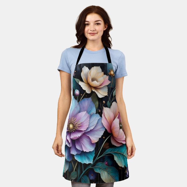 Colourful flowers and leaves black background apron (Worn)