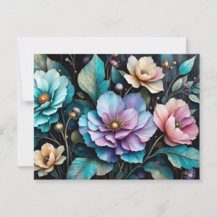 Colourful flowers and leaves black background postcard
