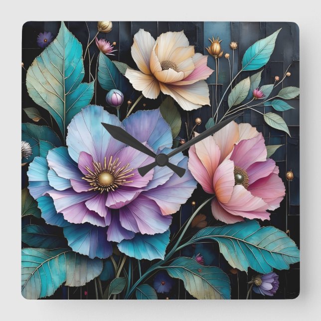 Colourful flowers and leaves black background square wall clock (Front)