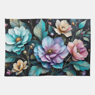 Colourful flowers and leaves black background tea towel