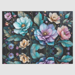 Colourful flowers and leaves black background tissue paper