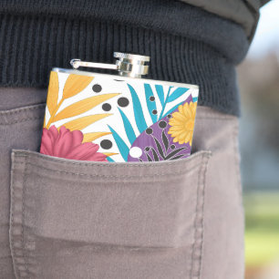 colourful flowers and leaves on a black background hip flask