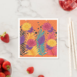 colourful flowers and leaves on a black background napkin