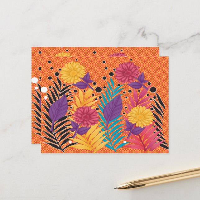 colourful flowers and leaves on a black background postcard (Front/Back In Situ)
