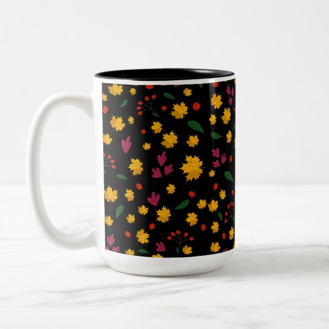 Colourful Flowers and Orange Leaves Two-Tone Coffee Mug (Left)
