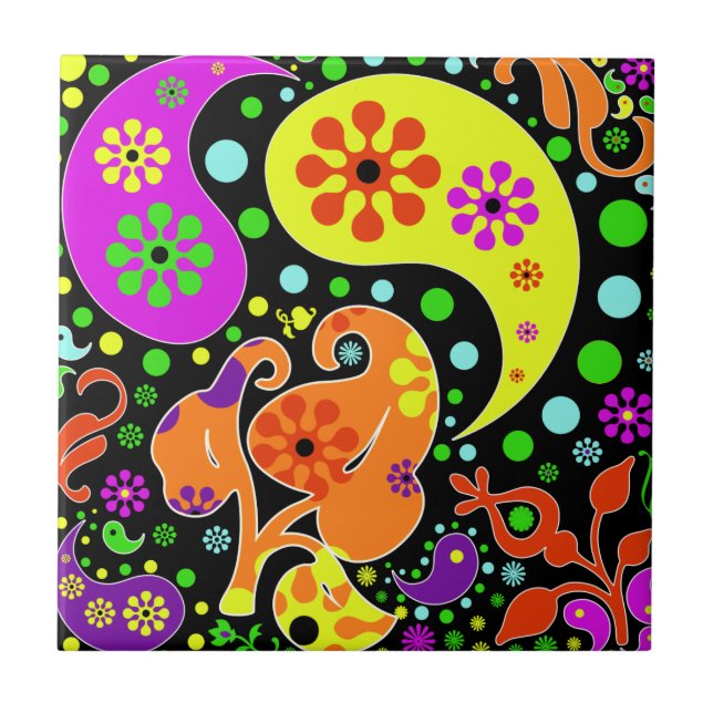 Colourful  Flowers And Paisley Pattern Retro Trive Tile (Front)