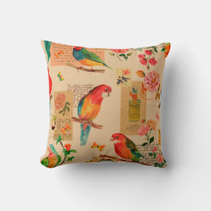 Colourful flowers and parrots pattern cushion