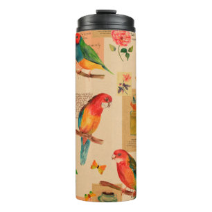 Colourful flowers and parrots pattern thermal tumbler