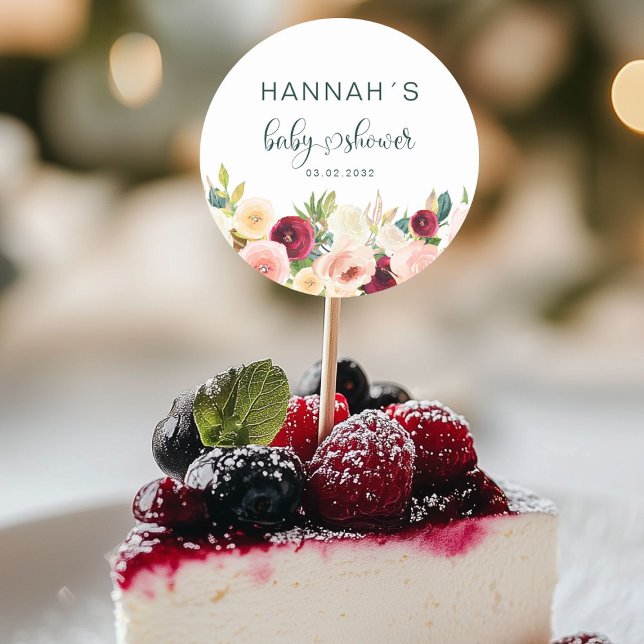 Colourful Flowers Baby Shower Classic Round Sticker (Colorful Flowers, Baby Shower Classic Round Sticker with your name and date.)