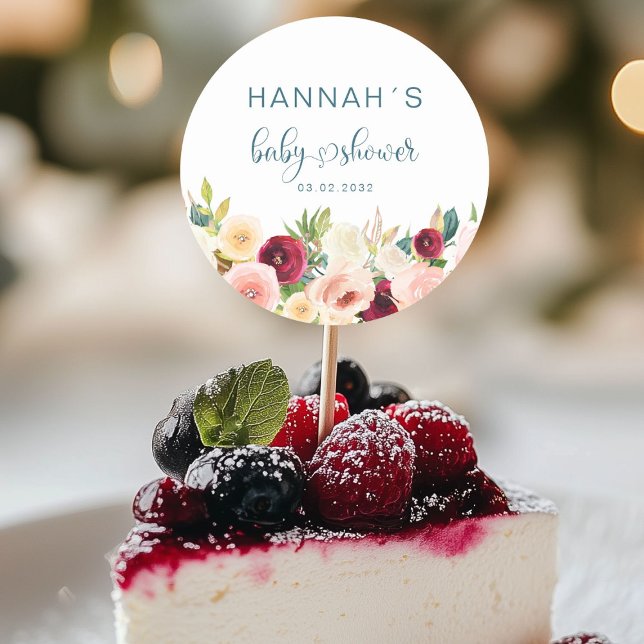 Colourful Flowers Baby Shower Classic Round Sticker (Colorful Flowers, Baby Shower Classic Round Sticker with your name and date.)