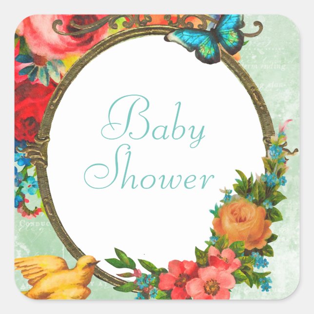 Colourful Flowers Baby Shower Square Stickers (Front)