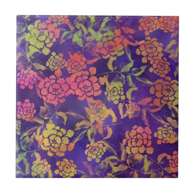 Colourful Flowers - Beautiful Garden - Purple Ceramic Tile (Front)