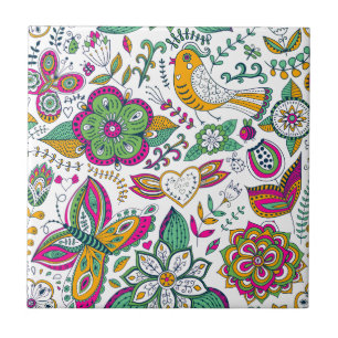Colourful flowers birds and butterflies pattern ceramic tile