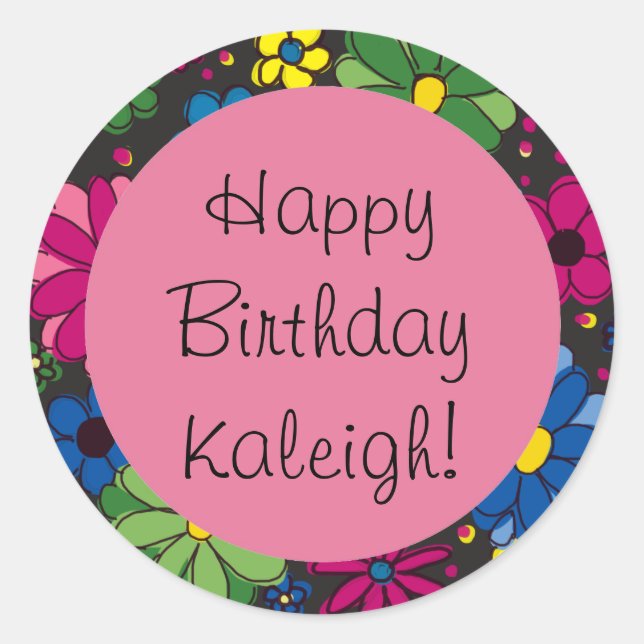 Colourful Flowers Black and Pink Birthday Sticker (Front)