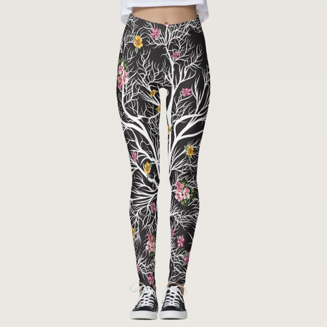 Colourful Flowers: Black Tree Seamless Leggings (Front)