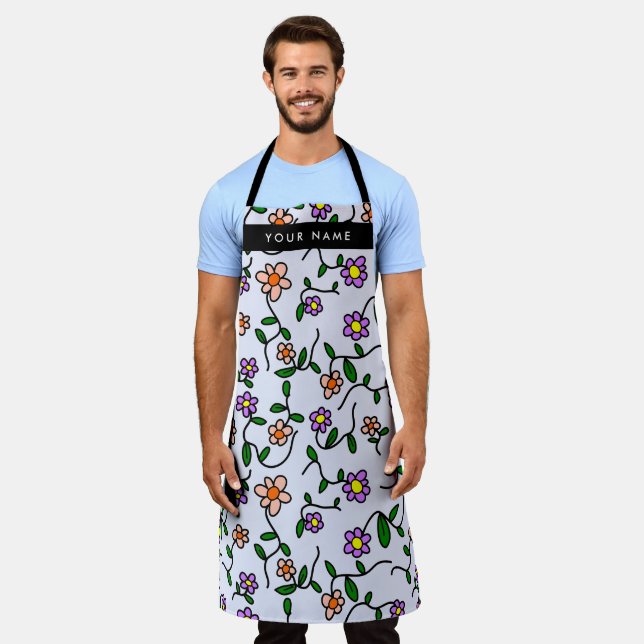 Colourful Flowers, Blue Background, Black Apron (Worn)
