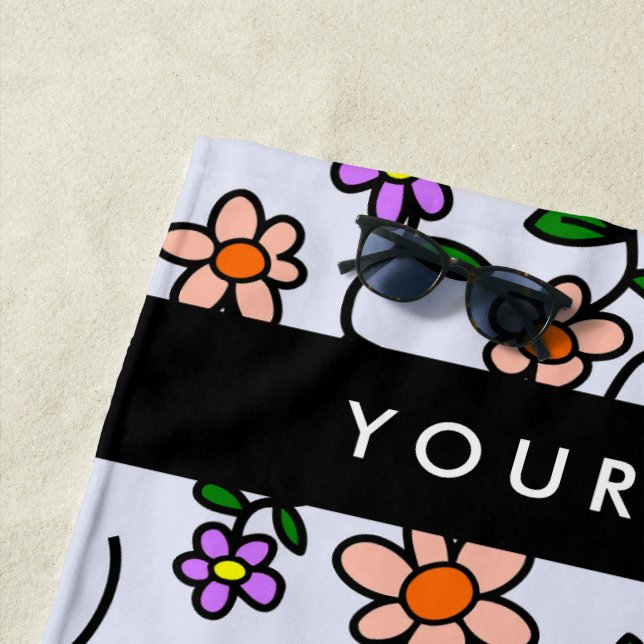 Colourful Flowers, Blue Background, Black Beach Towel (In Situ)