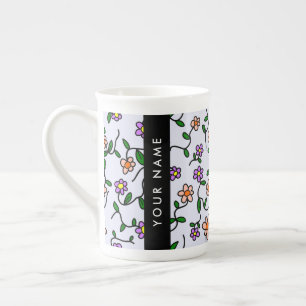 Colourful Flowers, Blue Background, Black Bone China Mug