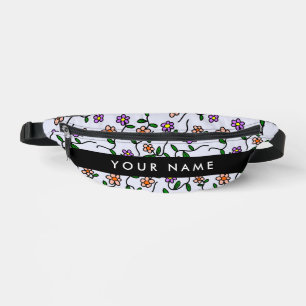 Colourful Flowers, Blue Background, Black Bum Bags