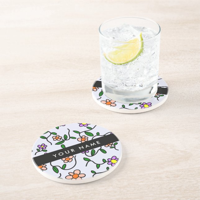 Colourful Flowers, Blue Background, Black Coaster (Side)