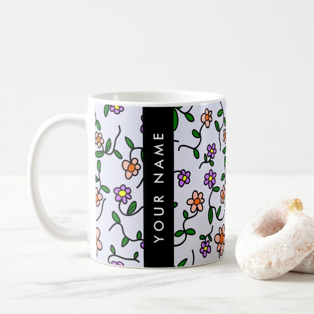 Colourful Flowers, Blue Background, Black Coffee Mug (With Donut)