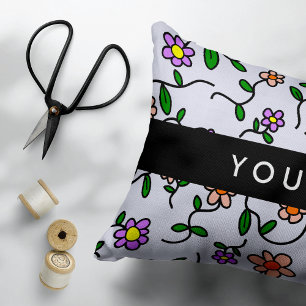 Colourful Flowers, Blue Background, Black Decorative Cushion