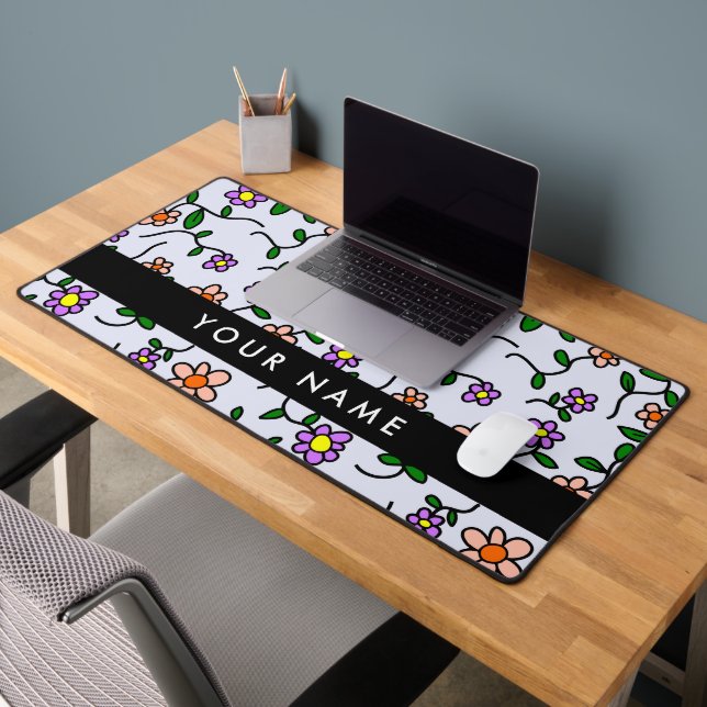 Colourful Flowers, Blue Background, Black Desk Mat (Office 2)
