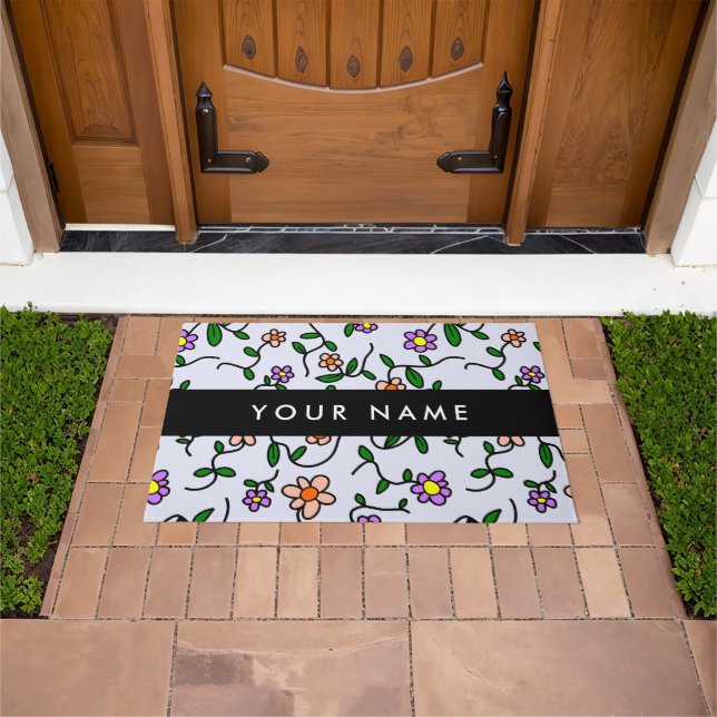 Colourful Flowers, Blue Background, Black Doormat (Outdoor)